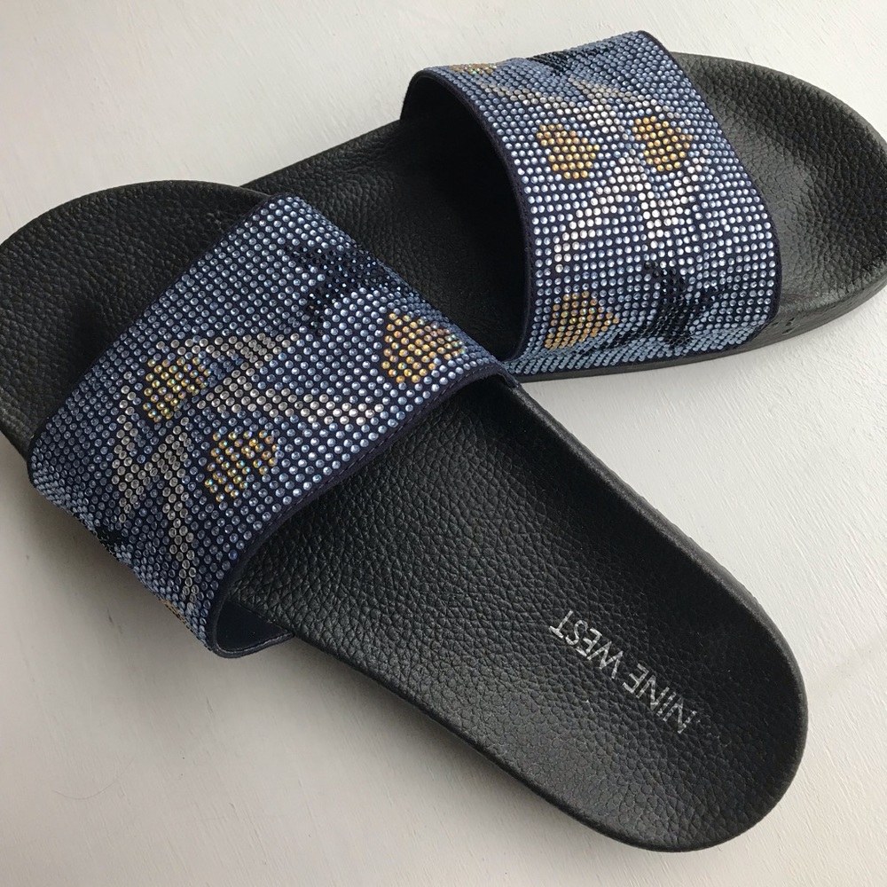 Nine West Navy Jewel Slide Sandals Sz 7